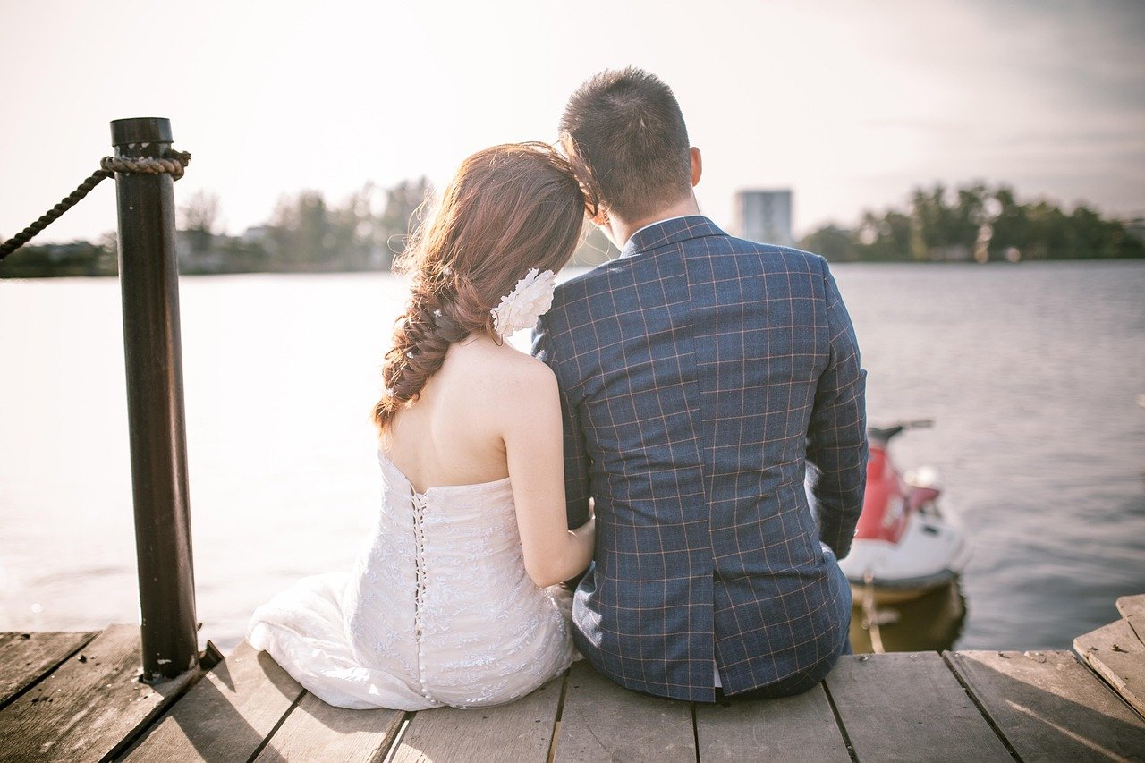 couple, wedding, love, back, lovers, relationship, newlyweds, marriage, bride, groom, sit, sitting, together, man, woman, dress, female, romantic, pier, jetty, dock, couple, wedding, wedding, wedding, wedding, wedding, lovers, relationship, marriage